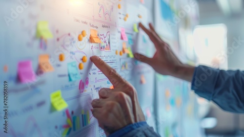 Two individuals pointing and gesturing towards a wall filled with colorful sticky notes and diagrams as part of a collaborative teamwork session photo