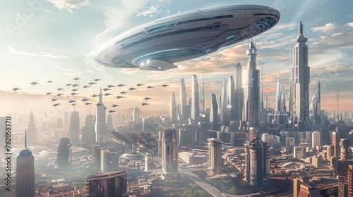 A futuristic city with sleek buildings and advanced design elements. A flying saucer hovers in the sky, adding a touch of sci-fi to the urban landscape photo