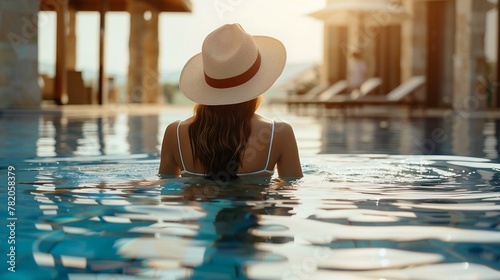young woman enters the swimming pool in a luxury hotel