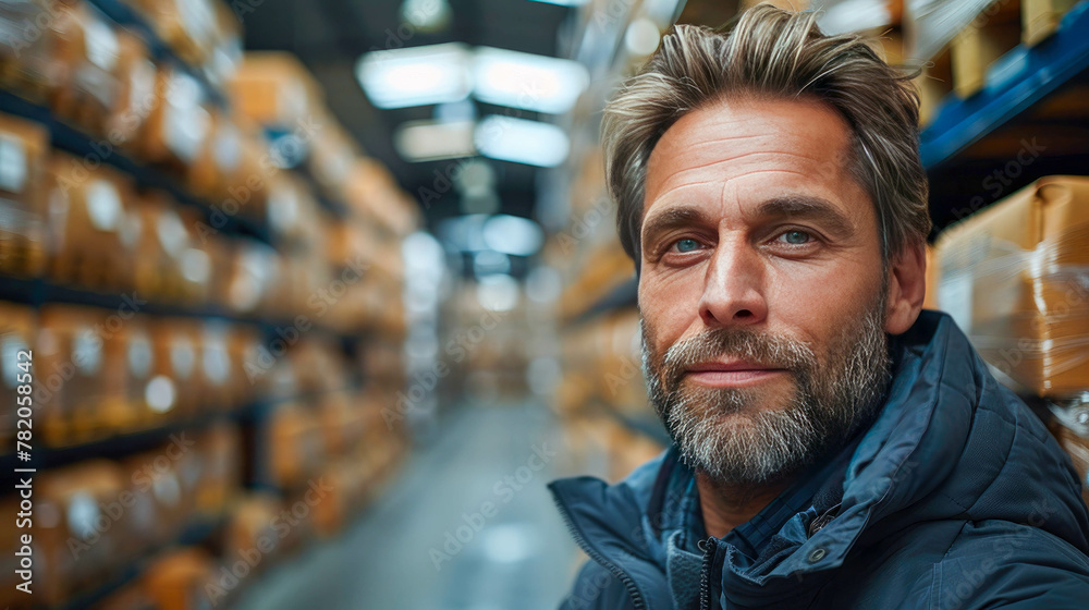 Portrait of handsome man looking at camera in warehouse. This is a freight transportation and distribution warehouse. Industrial and industrial workers concept