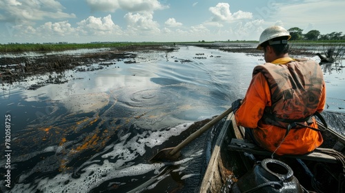 A man wearing an orange jacket paddles a canoe through polluted waterways in a highangle perspective shot