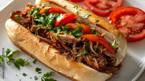 High-angle view of a pulled pork sandwich with fresh tomatoes and herbs neatly arranged on a white plate