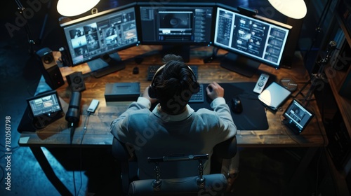 Man sitting at a desk with several computer monitors displaying video editing interface