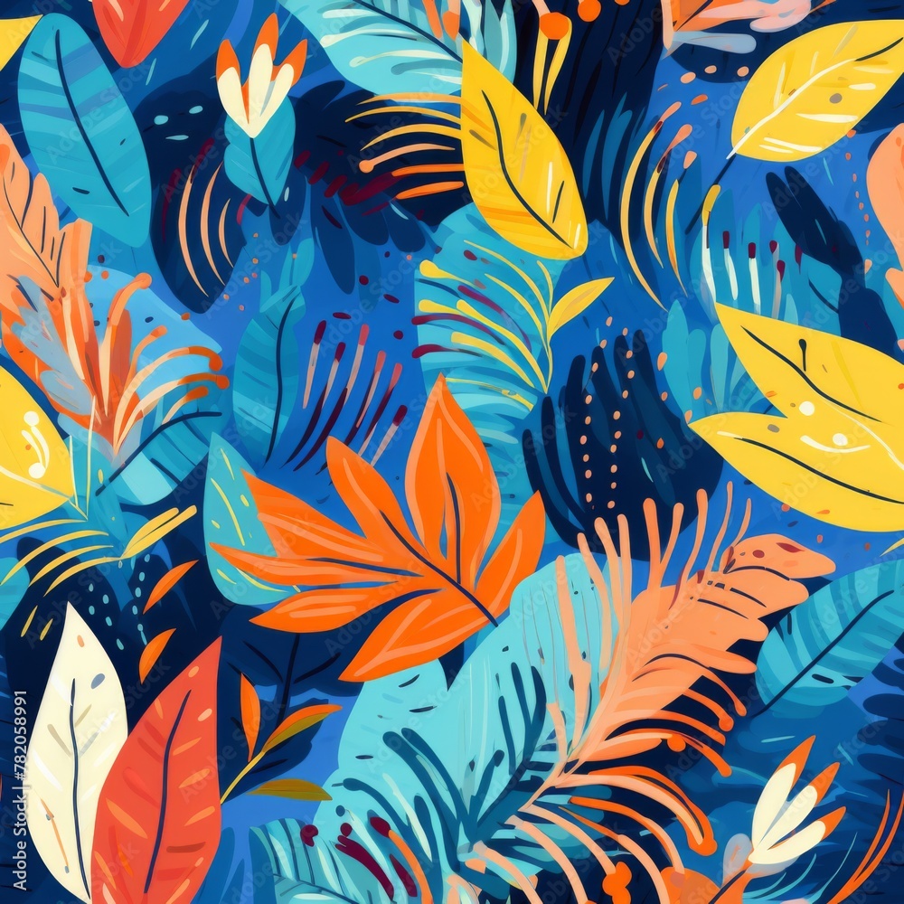 Naklejka premium Tropical seamless pattern with beautiful colorful flowers and leaf.