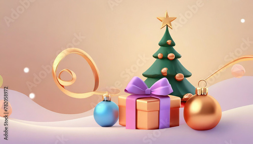 illustration pour les fêtes de noël représenté par un sapin vert moderne avec des boules et étoile or et un cadeaux posé sur un sol enneigé le tout sur un fond beige	