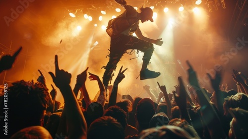 A crowd of people at a concert with a man playing electric guitar on stage, capturing the energetic atmosphere of the live performance © Ilia Nesolenyi