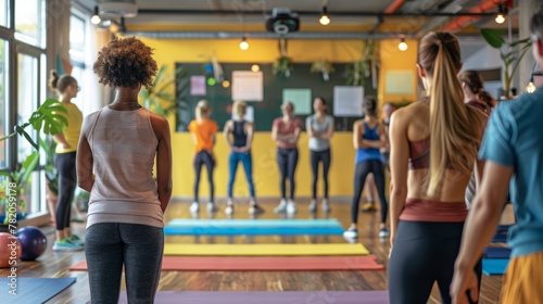 A group of employees follow a fitness instructors demonstration of yoga poses in a gym photo