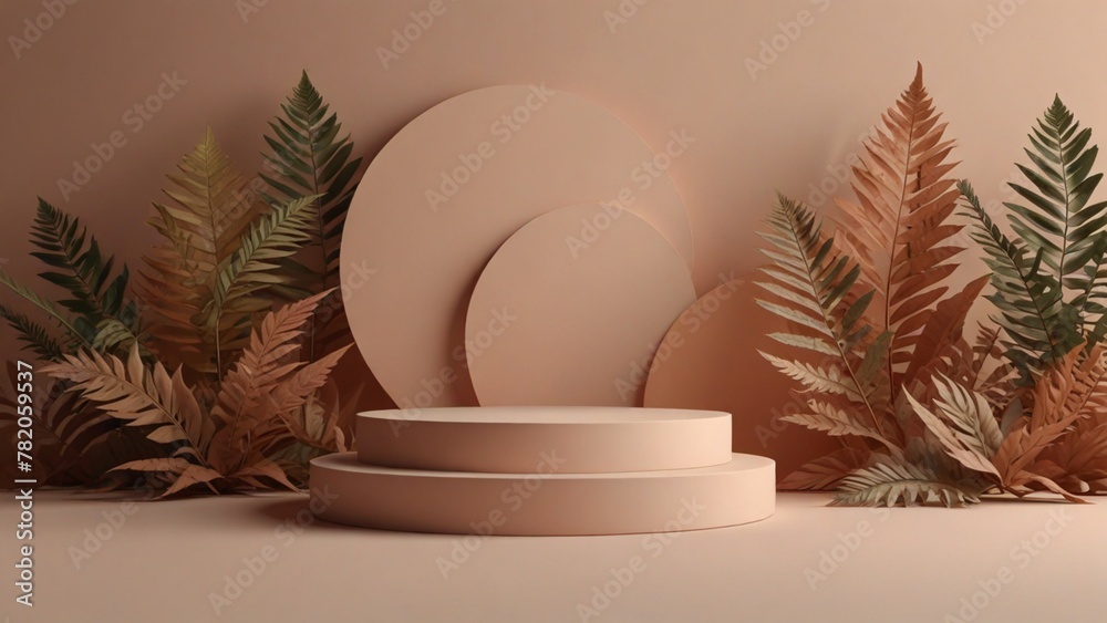 Modern minimalist product podium with leaves background. Podium platform product presentation 