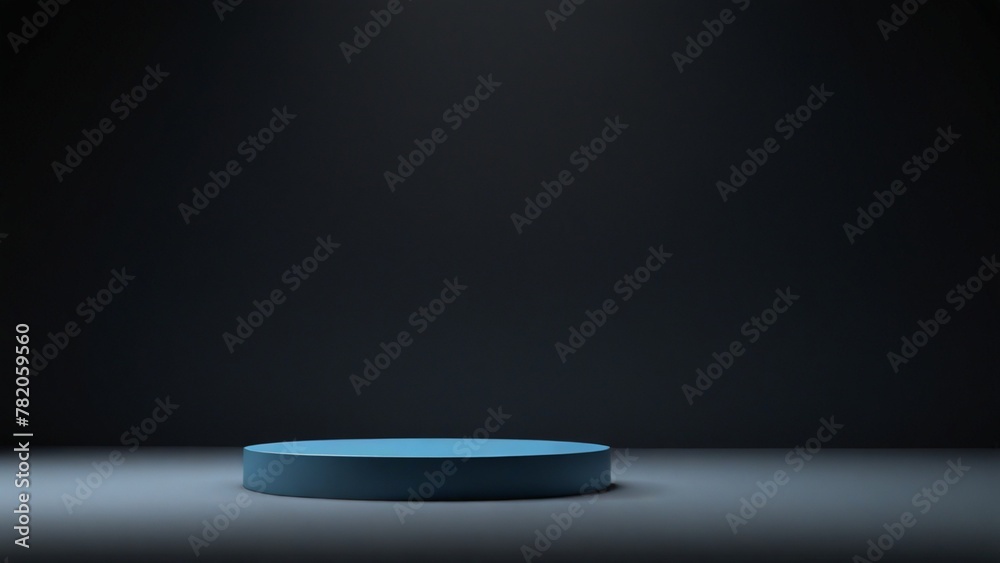 Obraz premium Product podium in a minimalist style on a dark background. Blue podium or pedestal on black background. 3d render background 