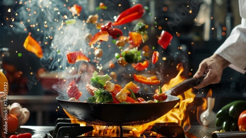Chef expertly cooks colorful vegetables in a wok on a grill with high flames