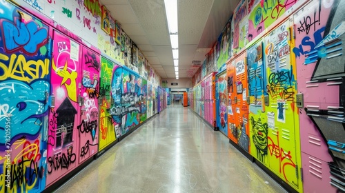 A long hallway filled with colorful graffiti covering the walls and lockers, creating a vibrant and urban atmosphere © Ilia Nesolenyi