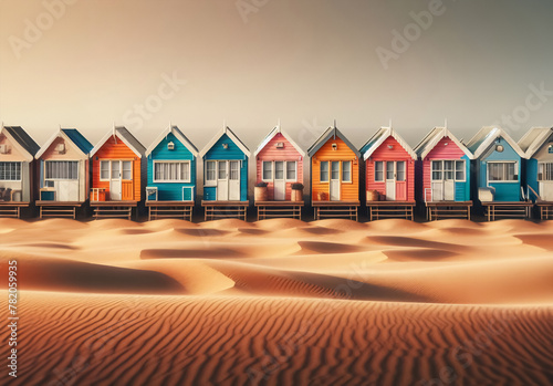 Eine Reihe bunter Sommerhäuser an einem Sandstrand, copy space
