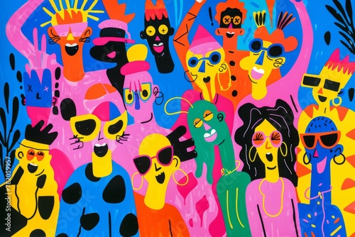 Silhouettes of people dancing at a party in bright costumes. Rave festival illustration in hand drawn style