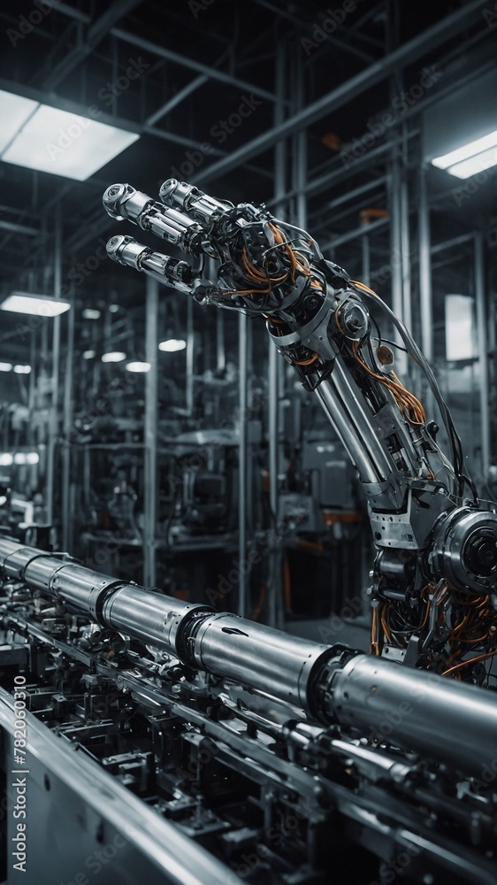 Robotic arm, with intricate wiring, metallic components, meticulously assembling product on conveyor belt within industrial setting. Machinery operates with precision.