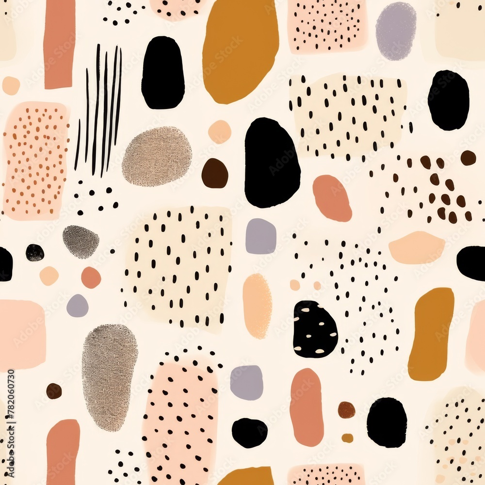 Seamless pattern of various shapes on a pale beige background. Minimalist and abstract shapes, light pink and dark bronze. Paint strokes Seamless pattern of various shapes on a pale beige background. Minimalist and abstract shapes, light pink and dark bronze. Paint strokes