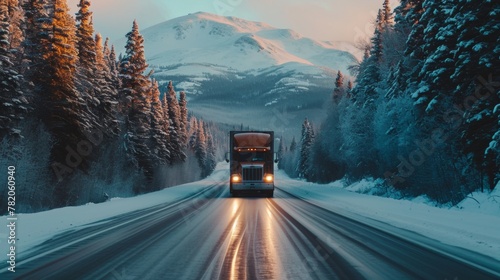 Truck driving on highway with snow mountain forest in winter.