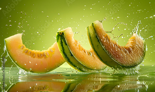 The fresh and juicy melon slices float in the air, with a solid colored background, Generative AI photo