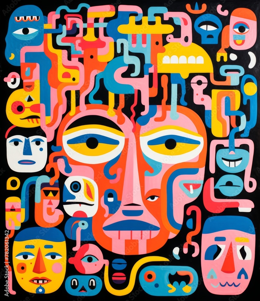 Abstract illustration of many drawings of people and items in different colors on black background