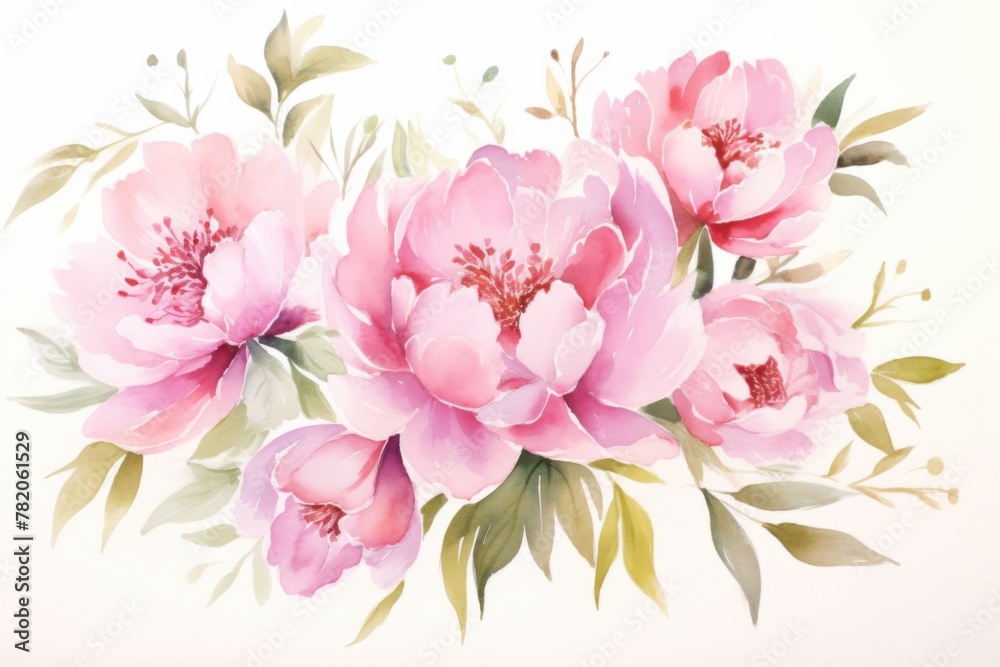 Watercolor peony flowers on white background, light pink