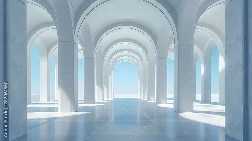 Minimalist Archway: 3D Rendering of White and Blue Arches and Columns with Soft Light and Shadow