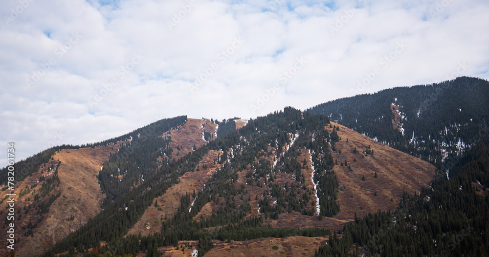 a mountainous landscape with a mix of evergreen forests and brown, grassy areas, interspersed with patches of snow under a cloud-streaked sky.