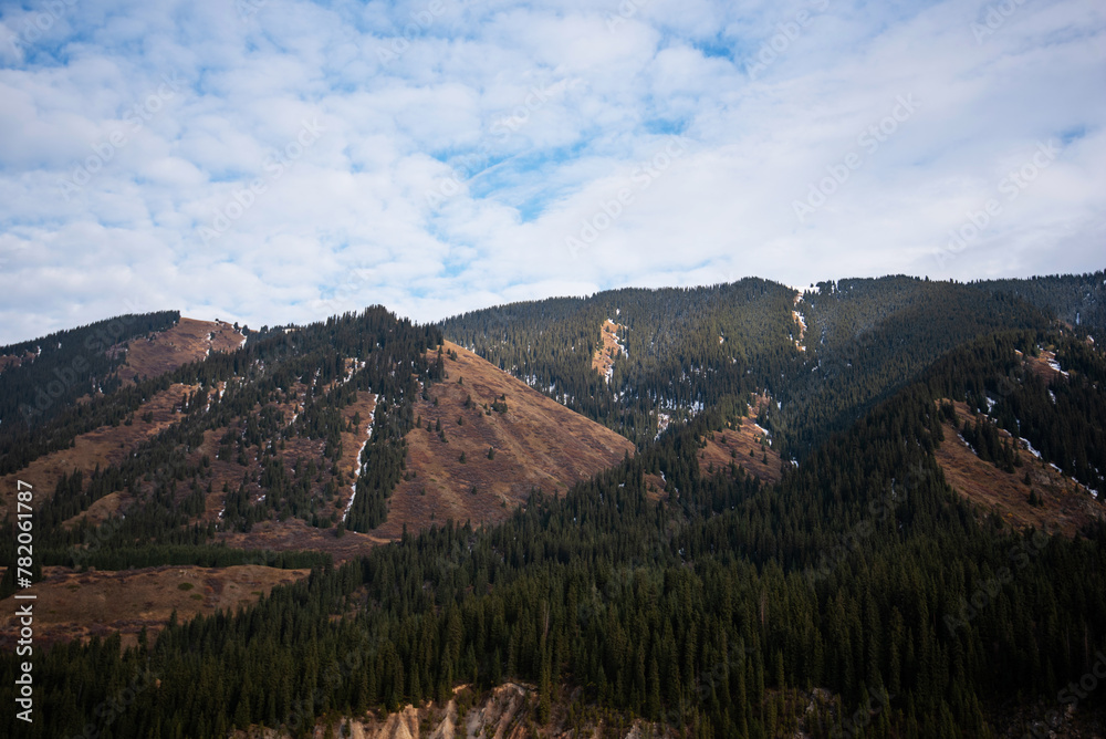 densely forested mountain slopes with patches of lingering snow, under a sky with light cloud cover, evoking the essence of a changing season.
