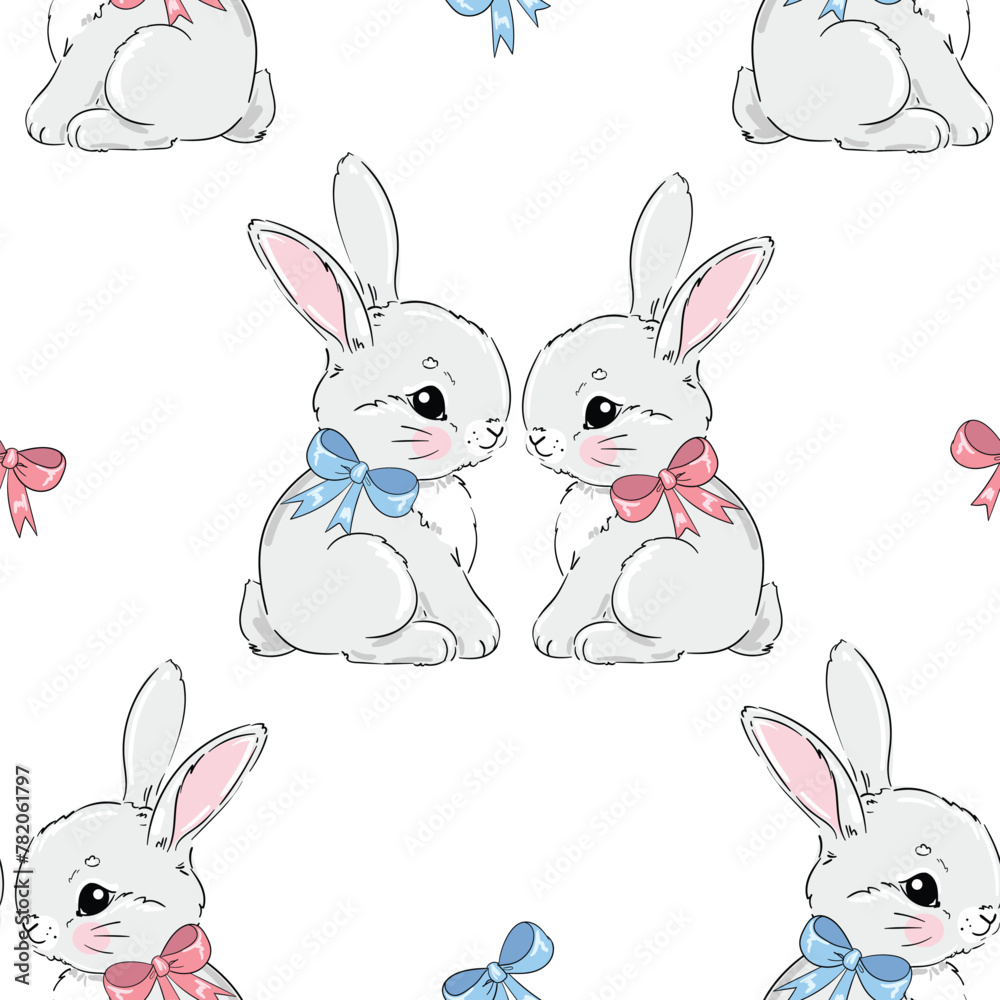 Hand Drawn Cute rabbits background vector seamless pattern, Bunnys - obrazy, fototapety, plakaty 