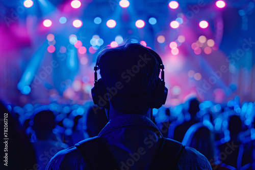 Back view of dj with headphones on the concert with many people