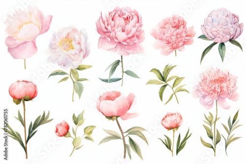 Watercolor peony flowers on white background, light pink