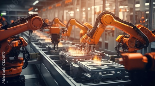 Automated AI industry robot and robotic arms assembly in factory production. Concept of artificial intelligence for industrial revolution and automation manufacturing process NLP