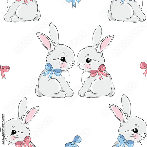 Hand Drawn Cute rabbits background vector seamless pattern, Bunnys © Alsu Art