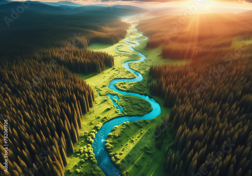 Ein Fluss schlängelt sich durch einen großen Wald, Luftperspektive
