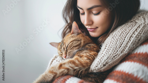 girl with cat, background for pet care. Generative AI. photo