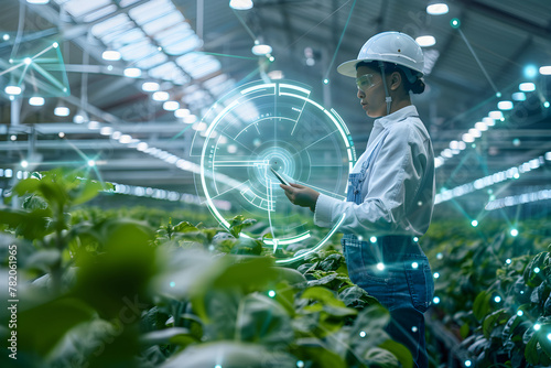 Futuristic farmer harvesting hydroponic plants in greenhouse using modern AI technology. Monitoring harvest growth progress. Smart farming agricultural technology. Future agro crops concept © ratatosk