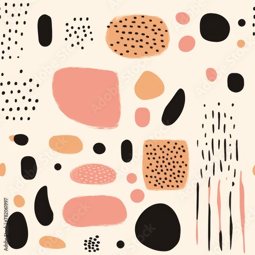 Seamless pattern of various shapes on a pale beige background. Minimalist and abstract shapes, light pink and dark bronze. Paint strokes