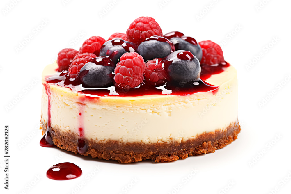 A slice of cheesecake with blueberries and raspberries on top. The cheesecake is topped with a drizzle of sauce A slice of cheesecake with blueberries and raspberries on top. The cheesecake is topped with a drizzle of sauce