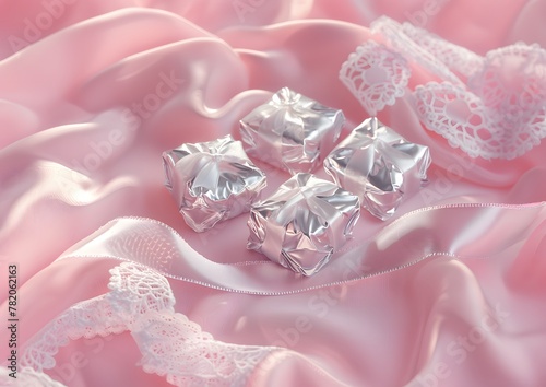 Sweets in glossy paper on a satin pink background