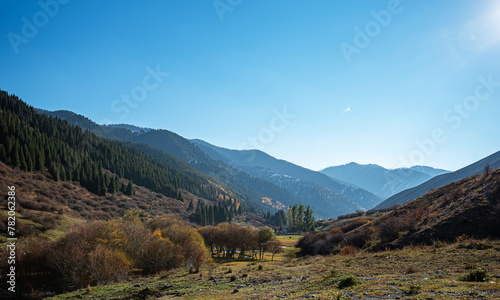 A sunlit valley with a scattering of autumnal trees stretches towards forest-covered mountains and snow-capped peaks under a bright blue sky.