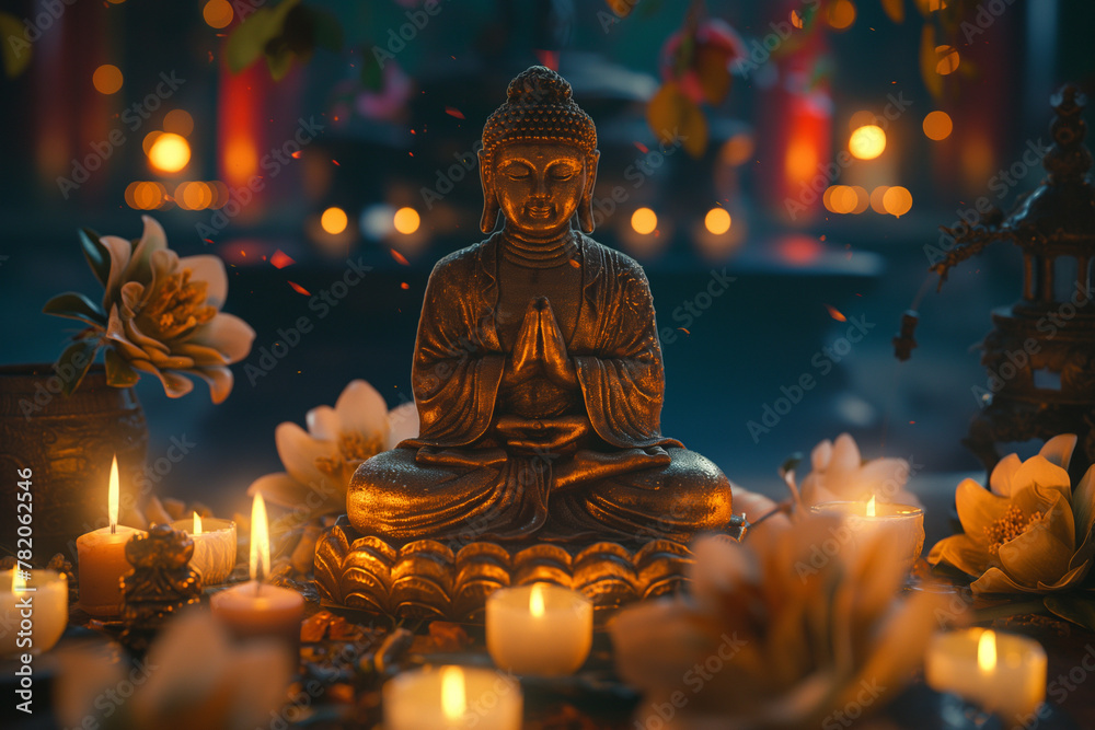 Fototapeta premium Buddha on a background of candles and flowers
