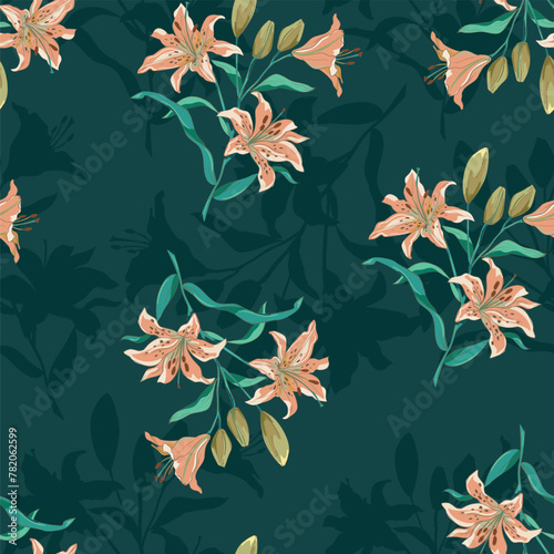 Hand Drawn Lily Flowers print for textile. The drawn flowers beautiful illustration for the fabric. Design ornament pattern seamless. Vector