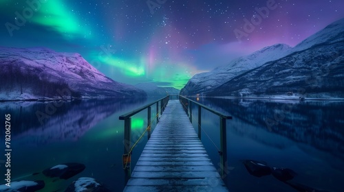 Beautiful aurora northern lights in night sky with lake pedestrian bridge snow forest in winter. photo