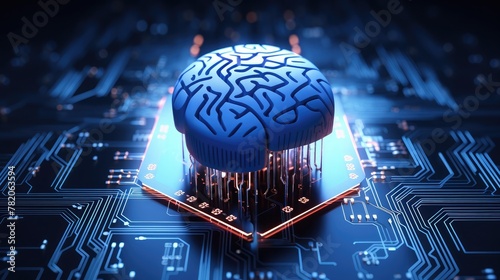 Circuit board with human brain on blue background. 3d rendering