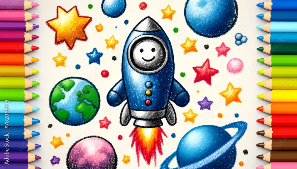 Fototapeta premium Child's Crayon Drawing of Rocket and Earth in Space