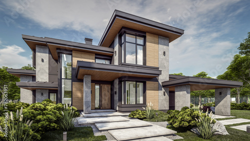 3d rendering of modern two story house with gray and wood accents, large windows, parking space in the right side of the building, surrounded by trees and bushes, green grass on lawn, daylight