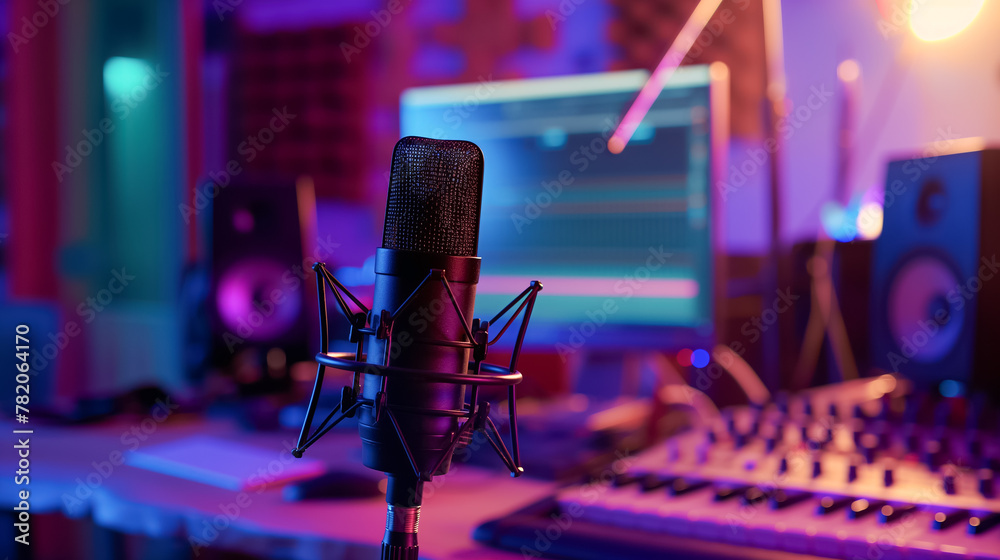 Modern Home Recording Studio with Neon Lighting and Condenser Microphone in Focus Modern Home Recording Studio with Neon Lighting and Condenser Microphone in Focus