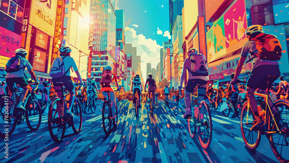 Fototapeta premium City Cycling Celebration: Vibrant Illustration for World Bicycle Day