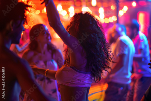 Silhouette of people dancing in nightclub enjoing music with red light photo