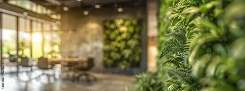 Modern corporate office interior with vibrant green walls, eco-friendly sustainable design elements, and an array of lush indoor plants enhancing workspace environment.