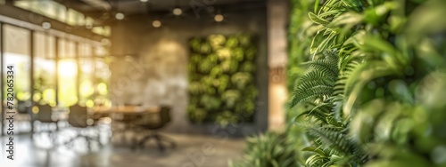 Modern corporate office interior with vibrant green walls, eco-friendly sustainable design elements, and an array of lush indoor plants enhancing workspace environment. photo