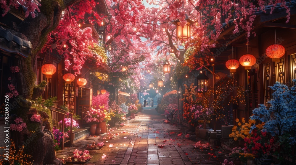 Vibrant Floral Alley with Hanging Lights Generative AI